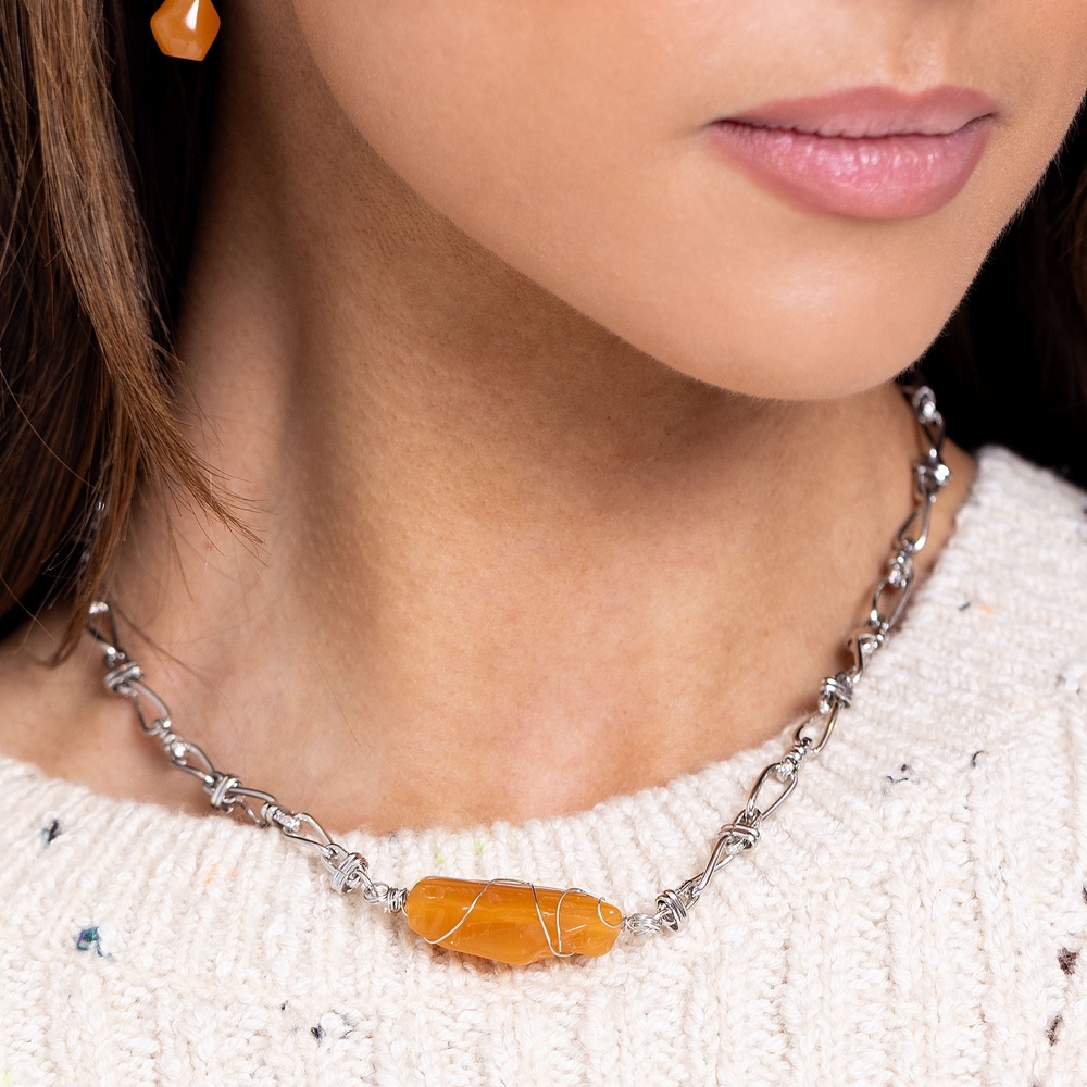 Silver and Orange Necklace, Earrings, & Bracelet Set